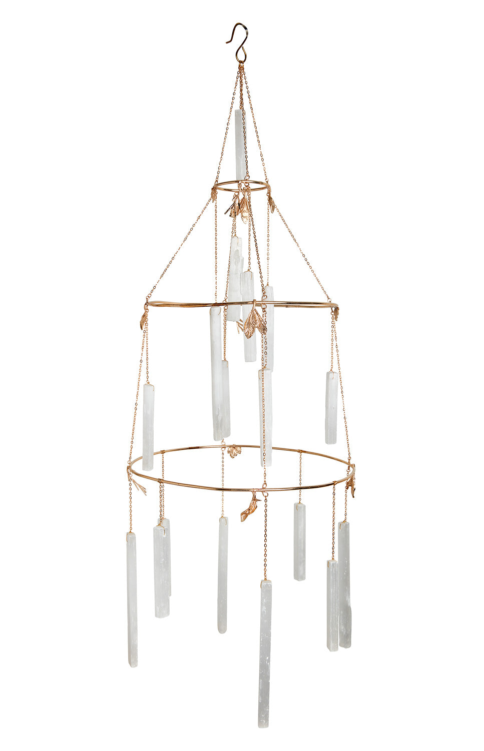 Selenite Crystal Chandelier from another angle, showing its hanging hook and three tiers of selenite - Ariana Ost