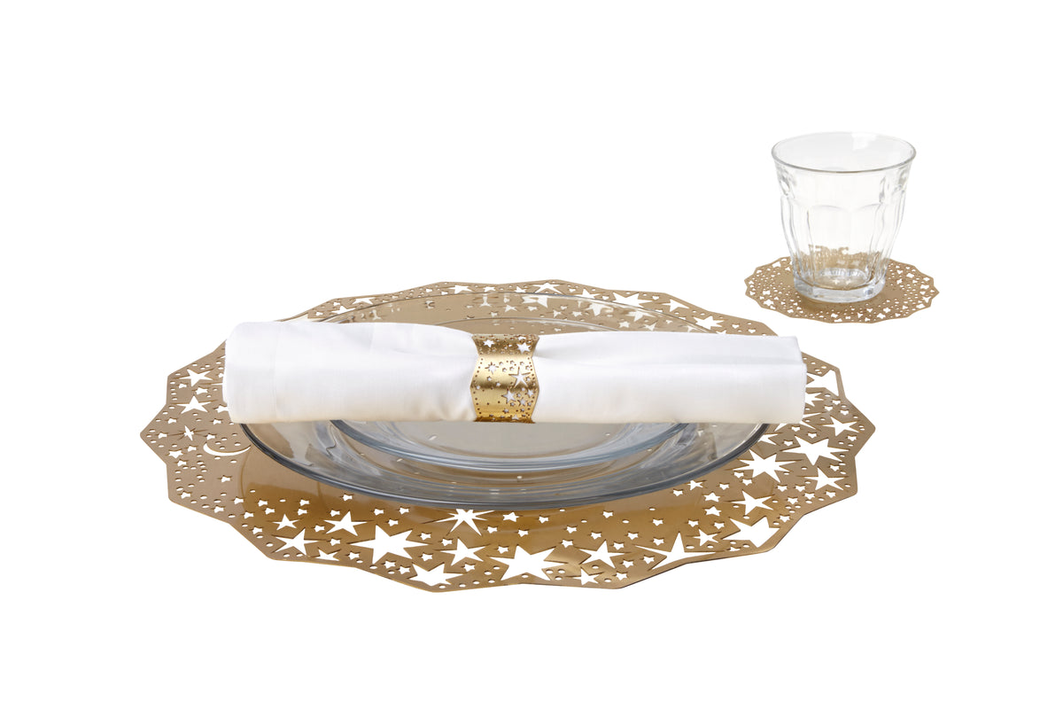 Gold celestial place setting with the Celestial Charger under a plate, star napkin ring and Celestial Coaster - Ariana Ost