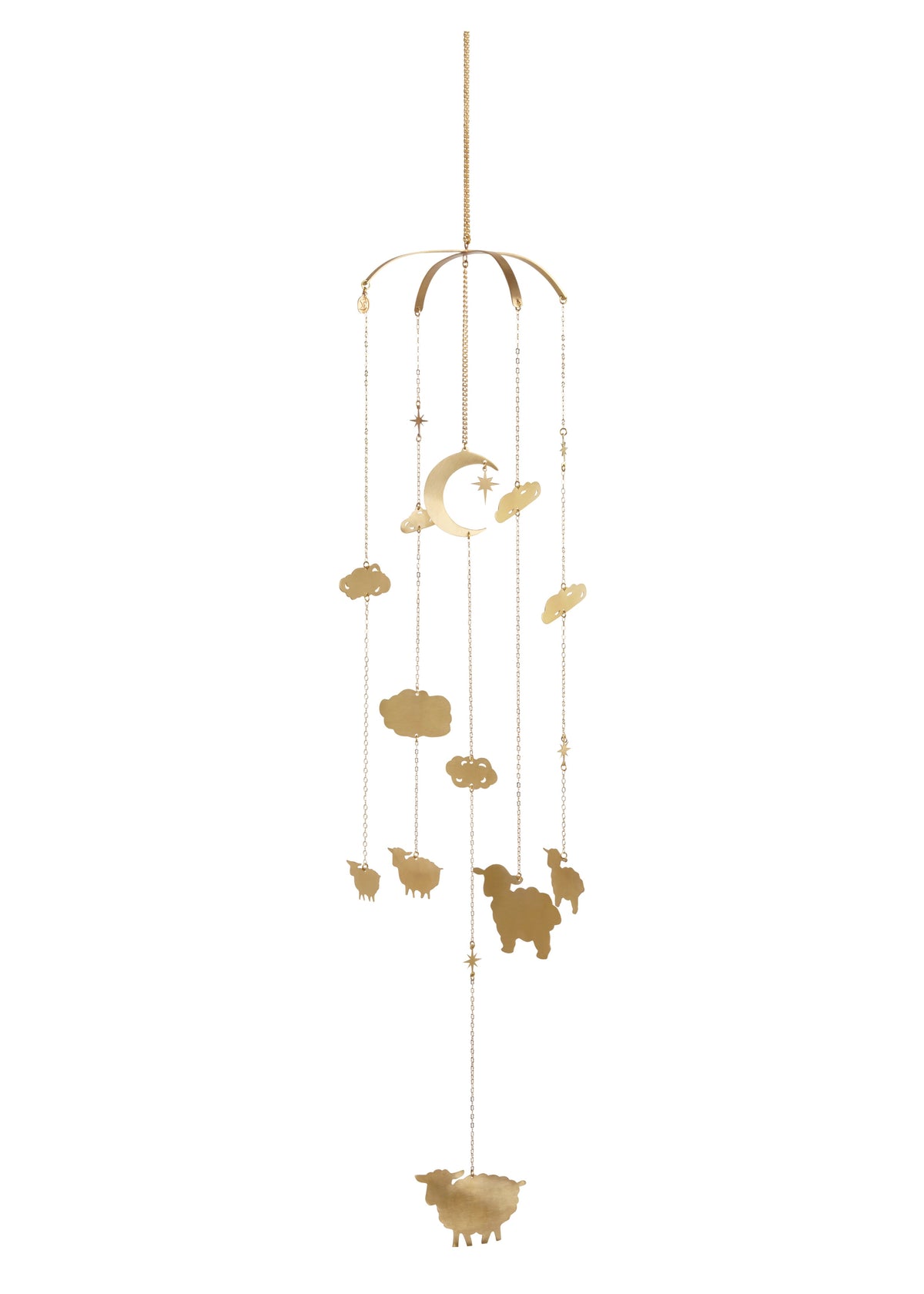 Counting Baby Sheep Mobile in hand-cut brass, with a crescent moon, stars, clouds and sheep on fine chains, on white - Ariana Ost