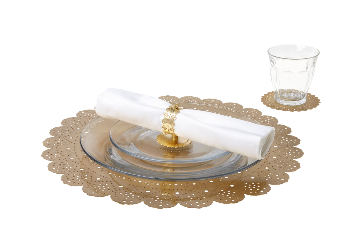 Lace Doily Place Card Holder doubling as a napkin ring, on a gold Lace Doily Charger with a Lace Doily Coaster - Ariana Ost