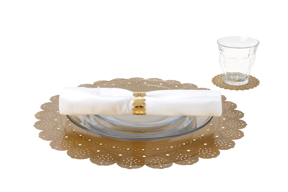 Gold lace doily place setting with the Lace Doily Charger under a plate, doily napkin ring and Lace Doily Coaster - Ariana Ost