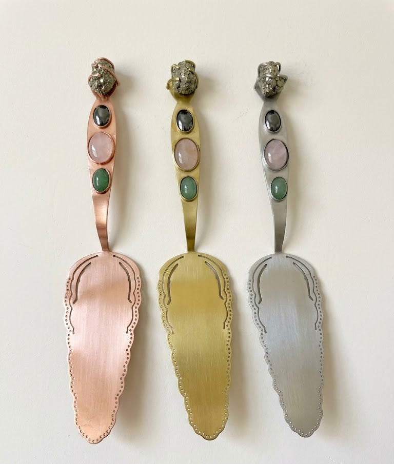 Bejeweled Scalloped Cake Server - Pyrite, Jade, Hematite & Rose Quartz - Ariana Ost 