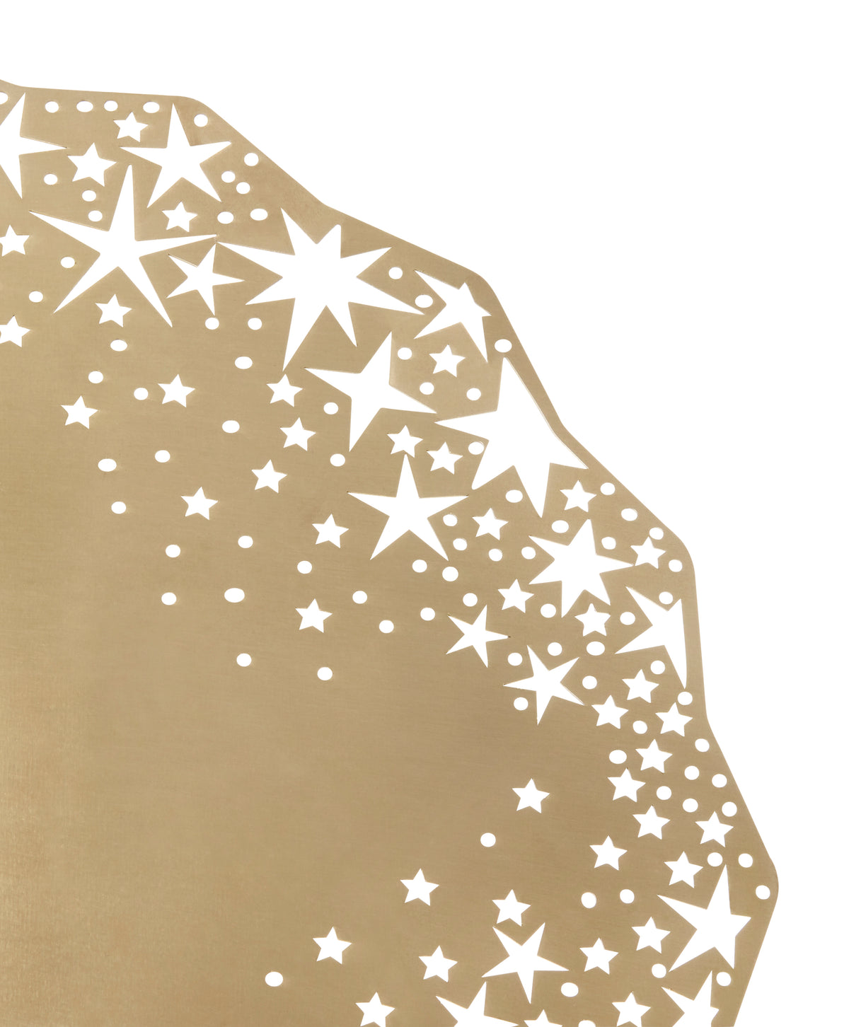 Close-up of the laser-cut stars on the gold Celestial Placemat Charger - Ariana Ost