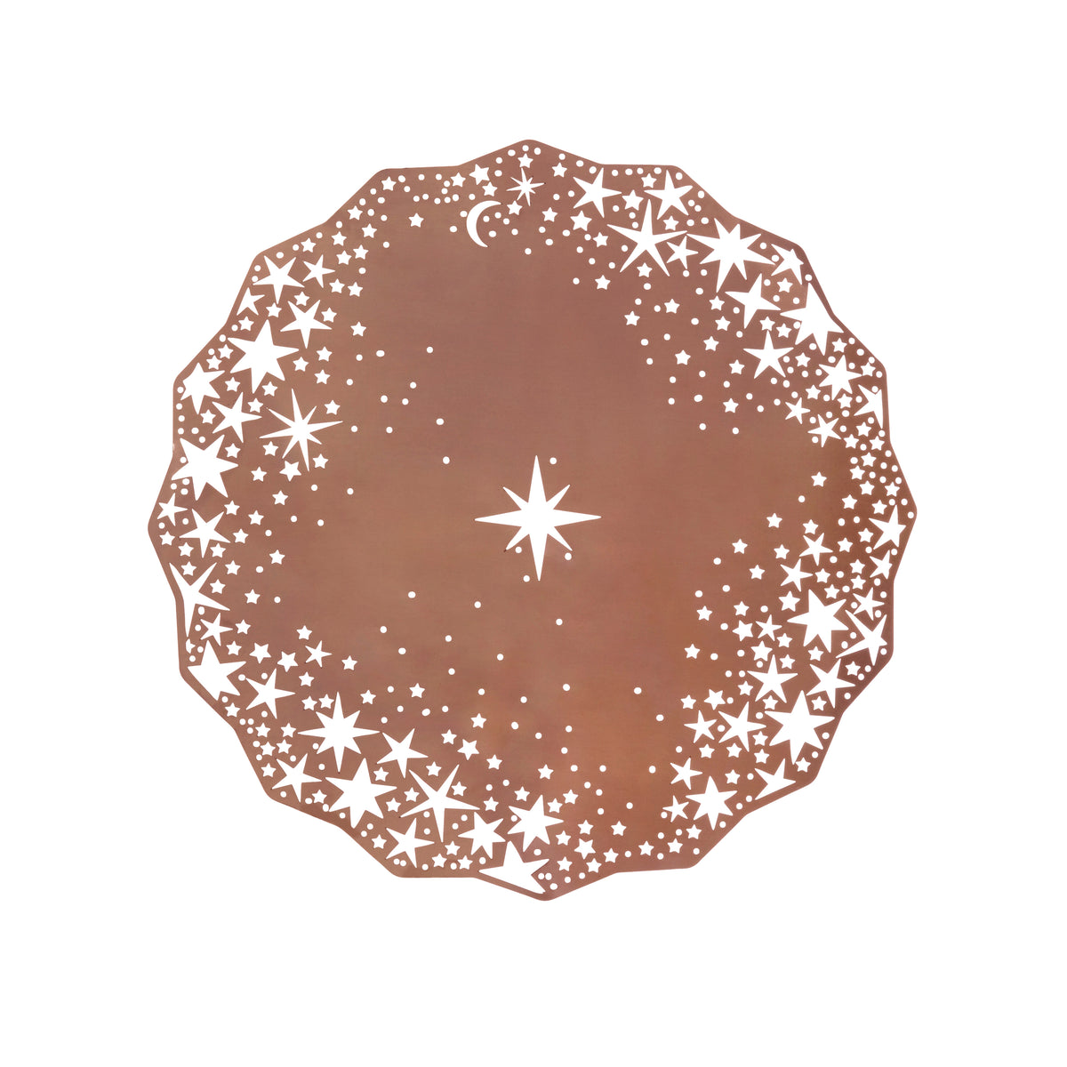 Celestial Placemat Charger in rose gold, laser-cut with a north star center and a scatter of stars - Ariana Ost