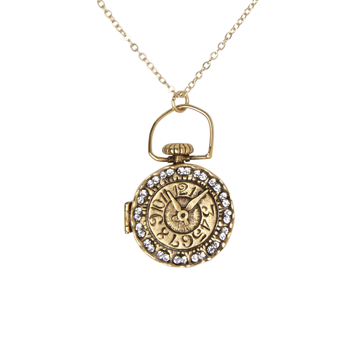 Clock Locket necklace in antique gold, its clock face set to 11:11 inside a border of Swarovski crystals - Ariana Ost