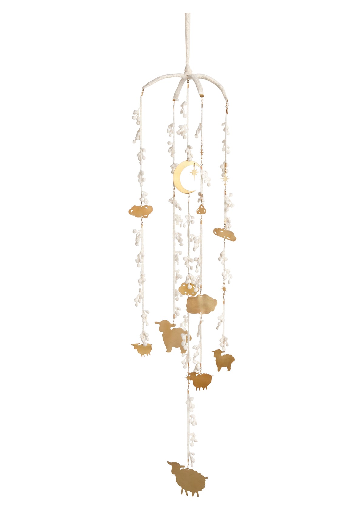 Lace Counting Sheep Mobile with hand-cut brass sheep, clouds and a crescent moon on white lace strands, on white - Ariana Ost