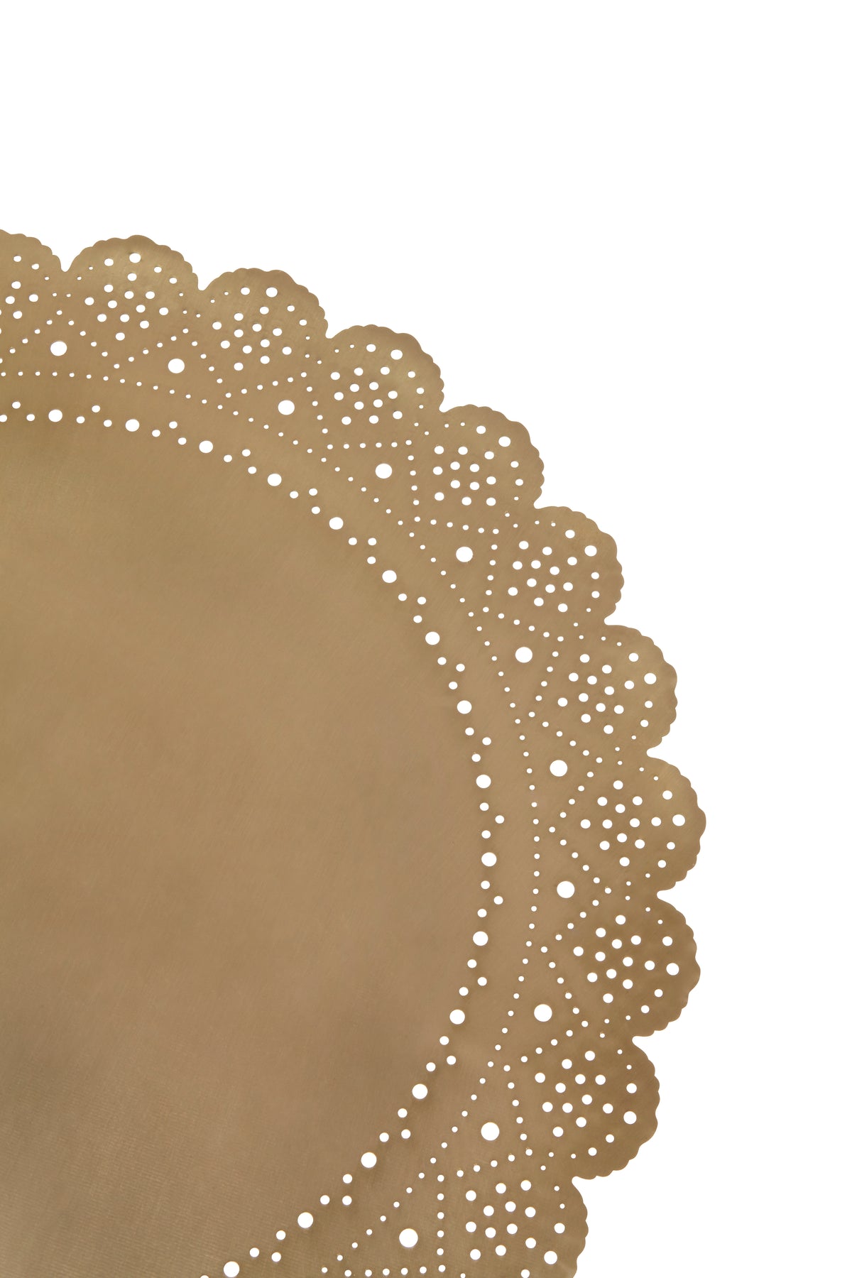 Close-up of the gold Lace Doily Charger's laser-cut lace border, rows of pierced dots on brushed metal - Ariana Ost