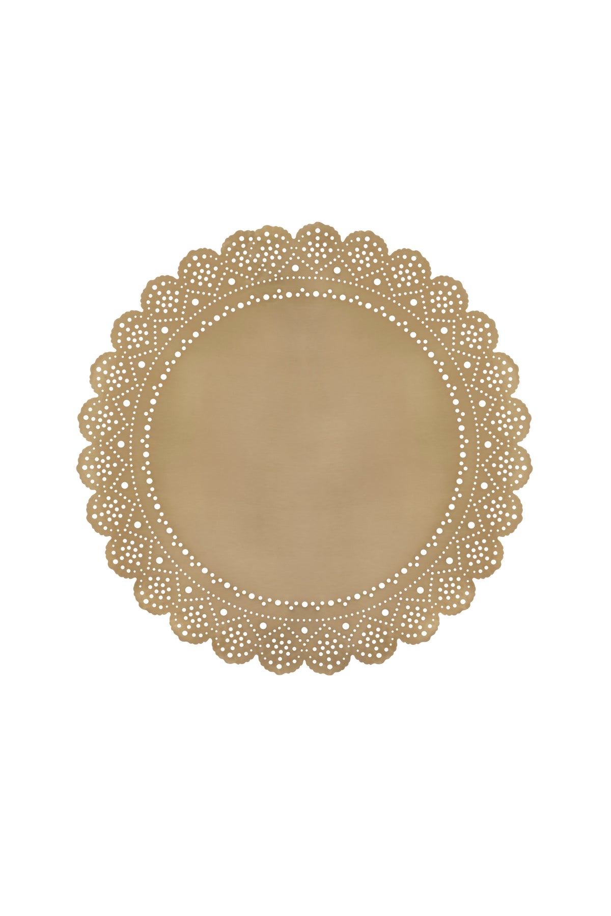 Lace Doily Placemat Charger in gold, a 15 inch laser-cut metal doily with a scalloped edge of tiny pierced dots - Ariana Ost