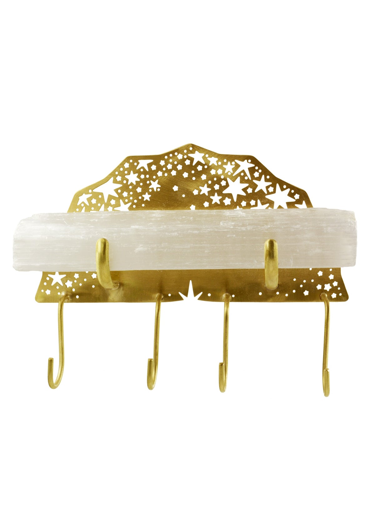Selenite Wall Hook: a raw selenite log on a gilded brass base laser-cut with stars, with four gold hooks - Ariana Ost