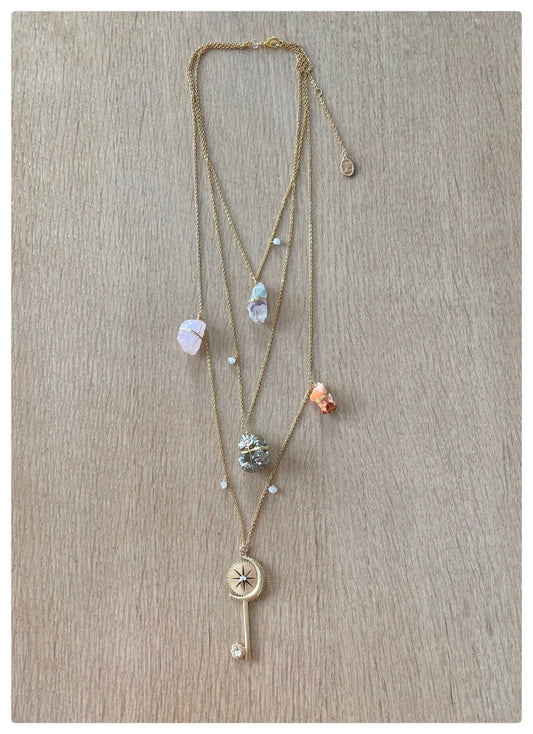 Moon Star Key Healing Crystal Delicate Layered Necklace - Ariana Ost