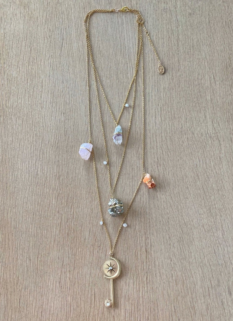 Moon Star Key Healing Crystal Delicate Layered Necklace - Ariana Ost