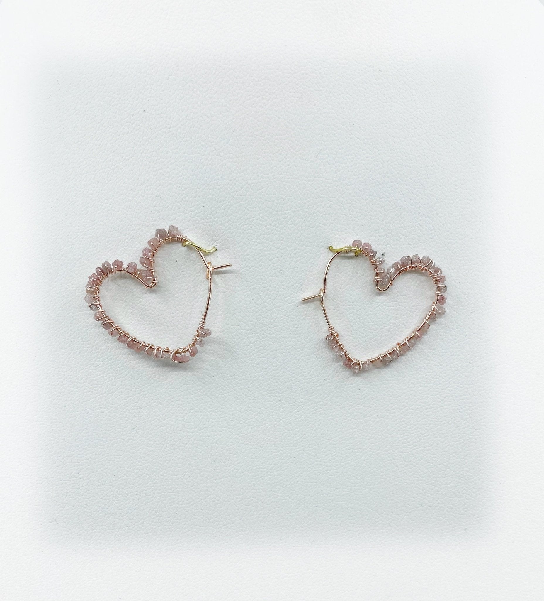 Rose Gold Heart Pink Rough Diamond Hoop Earrings - Ariana Ost