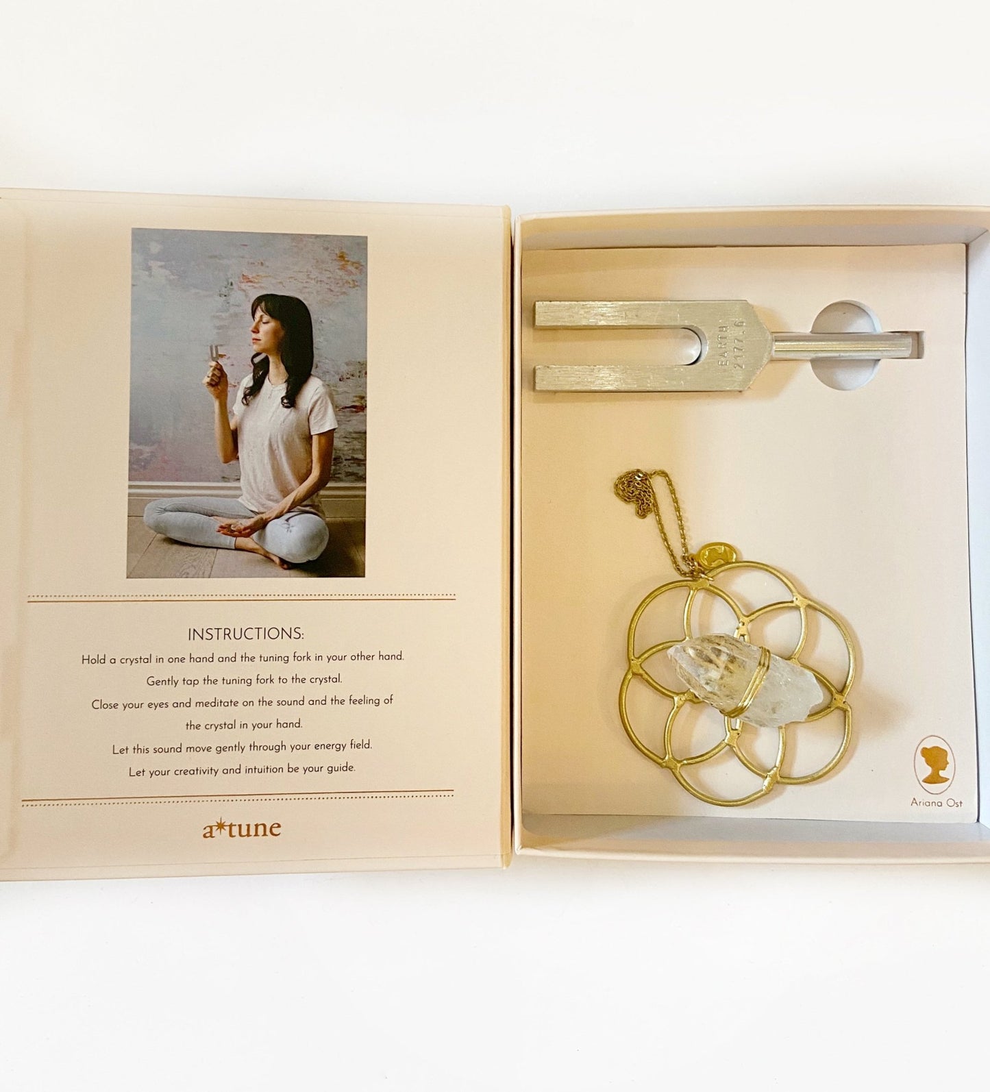 Sound Healing Crystal Kit - Earth Tuning Fork and Super Mini Flower of Life Clear Quartz Crystal Grid Set - Ariana Ost