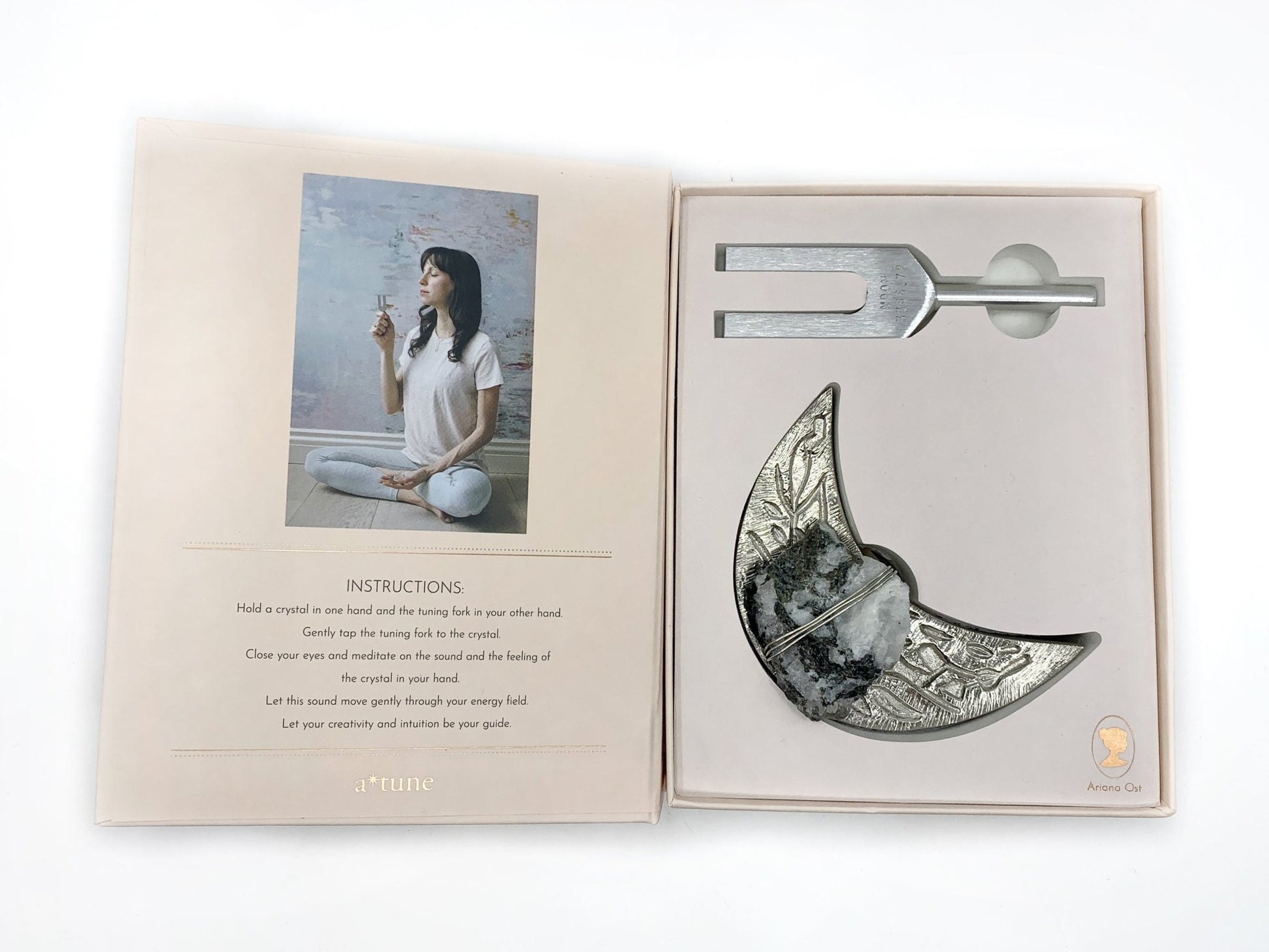 Triple Moon Sound Healing Crystal Kit - Moon Tuning Fork with Moonstone Crystal Moon Dish Set - Ariana Ost